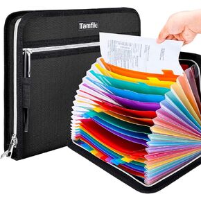 Tamfile Fireproof Waterproof Safe Expanding File Folder Accordion Document Organizer with 24 Pockets Portable Money File Bag Filing Holder and Color Lables/3Zippers A4 Letter Size (Black,14.3"9.8")