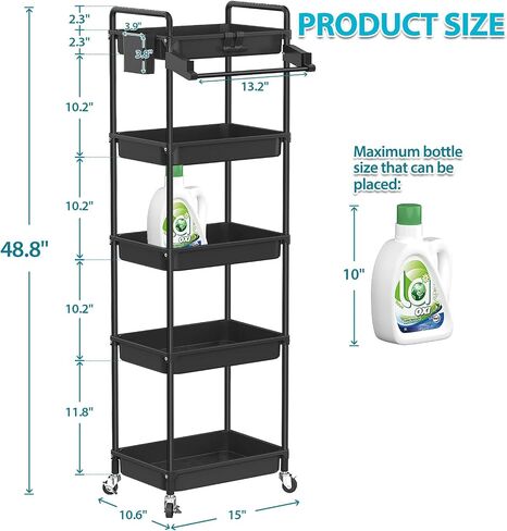 عربة تخزين دوارة من SPACEKEEPER، منظم تخزين الحمام من 5 طبقات، منظم غرفة الغسيل، وحدة رفوف متنقلة متعددة الوظائف مع رف المناشف، عجلة قابلة للقفل، خطافات وكوب لغرفة نوم المطبخ، أسود in Kuwait