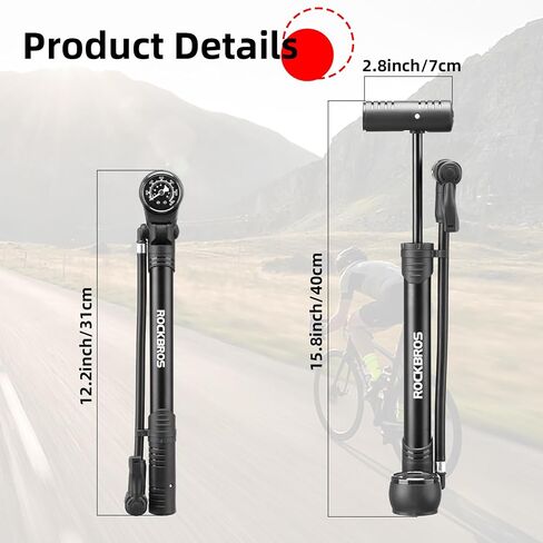 ROCKBROS Bike Pump, Bicycle Pump with PSI Gauge, Protable Bike Tire Pump with Smart Valve-Fits Presta & Schrade, Mini Bike Air Pump for Road Bike Mountain Bike, High Pressure 120 PSI/8 Bar in Saudi Arabia