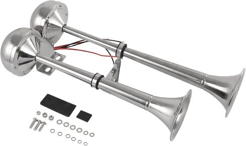 قرن قارب بحري مزدوج بوق من الفولاذ المقاوم للصدأ مناسب عالميًا لمقطورة شاحنة السفينة RV، نغمة منخفضة وعالية، 18-1/2 بوصة 12 فولت 125 ديسيبل in Kuwait