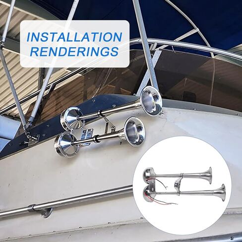 قرن قارب بحري مزدوج بوق من الفولاذ المقاوم للصدأ مناسب عالميًا لمقطورة شاحنة السفينة RV، نغمة منخفضة وعالية، 18-1/2 بوصة 12 فولت 125 ديسيبل in Kuwait