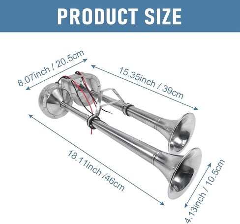 قرن قارب بحري مزدوج بوق من الفولاذ المقاوم للصدأ مناسب عالميًا لمقطورة شاحنة السفينة RV، نغمة منخفضة وعالية، 18-1/2 بوصة 12 فولت 125 ديسيبل in Kuwait