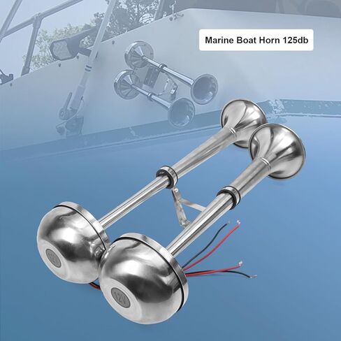 قرن قارب بحري مزدوج بوق من الفولاذ المقاوم للصدأ مناسب عالميًا لمقطورة شاحنة السفينة RV، نغمة منخفضة وعالية، 18-1/2 بوصة 12 فولت 125 ديسيبل in Kuwait