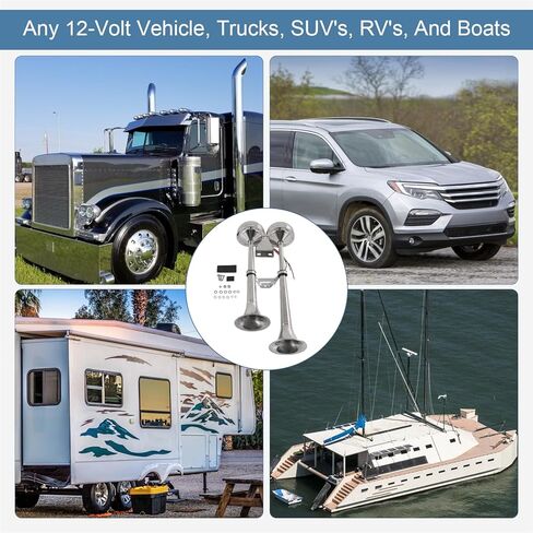 قرن قارب بحري مزدوج بوق من الفولاذ المقاوم للصدأ مناسب عالميًا لمقطورة شاحنة السفينة RV، نغمة منخفضة وعالية، 18-1/2 بوصة 12 فولت 125 ديسيبل in Kuwait