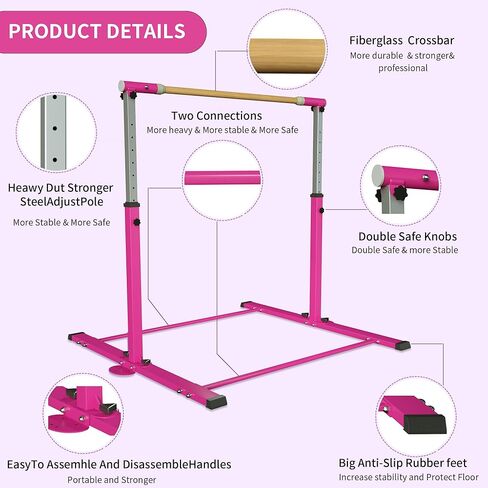EL&IT·Wings Kip Bar,Horizontal Bar,Adjustable Height 3'-5' Gymnastics Bar，Fiberglass Rail & 304 Stainless Steel Regulating Arms，Kids and Gymnast Exercise Home Use in Kuwait