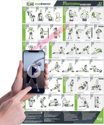 ملصق EverStretch القابل للتمدد لصالة الألعاب الرياضية المنزلية - مع تعليمات الفيديو - كبير 23 بوصة × 35 بوصة | مخطط تجريب مصفح | ملصقات التمدد الأساسية لصالة الألعاب الرياضية المنزلية | ملصق تمرين التمدد in Kuwait