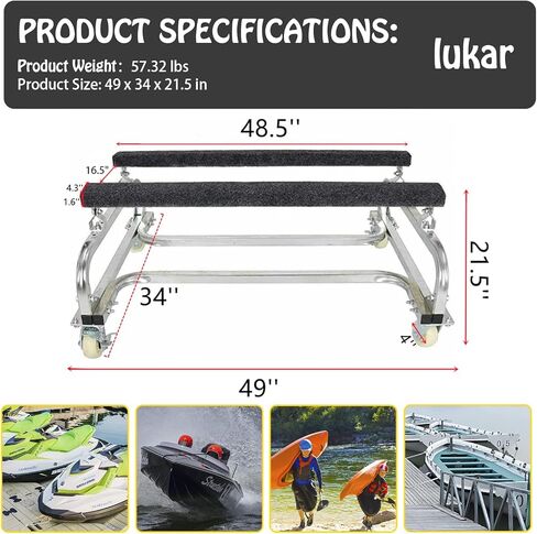 قارب lukar Watercraft PWC Dolly، 49 بوصة × 34 بوصة × 21.5 بوصة، عربة مقطورة مائية، مع 4 عجلات (2 مع فرامل)، مغطاة بالسجاد لمنع الخدش، سعة قصوى 1000 رطل in Kuwait