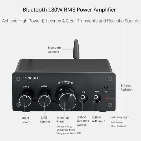 Bluetooth Audio Amplifier,LONPOO 2.0 Channel Mini Class D Integrated Amp for Bookshelf Speaker with Optical Port,Coaxial Jack,USB Playback,Aux-in,200 Watts RMS (Metallic) in Kuwait