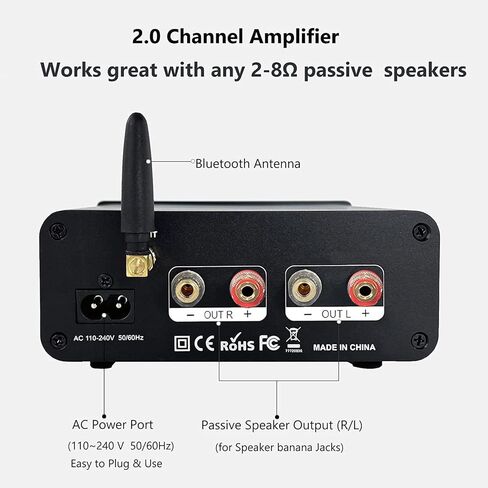 Bluetooth Audio Amplifier,LONPOO 2.0 Channel Mini Class D Integrated Amp for Bookshelf Speaker with Optical Port,Coaxial Jack,USB Playback,Aux-in,200 Watts RMS (Metallic) in Kuwait