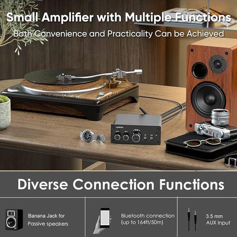 Bluetooth Audio Amplifier,LONPOO 2.0 Channel Mini Class D Integrated Amp for Bookshelf Speaker with Optical Port,Coaxial Jack,USB Playback,Aux-in,200 Watts RMS (Metallic) in Kuwait