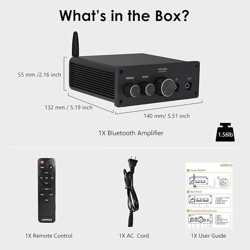 Bluetooth Audio Amplifier,LONPOO 2.0 Channel Mini Class D Integrated Amp for Bookshelf Speaker with Optical Port,Coaxial Jack,USB Playback,Aux-in,200 Watts RMS (Metallic) in Kuwait