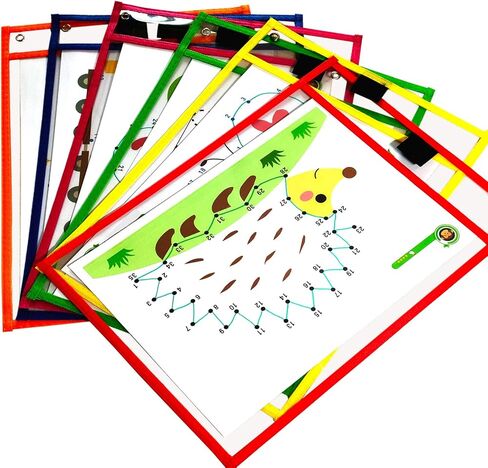 6 جيوب للمسح الجاف - أكمام للمسح الجاف كبيرة الحجم 10 × 13 بوصة - مستلزمات المعلم - للفصل الدراسي - قابلة لإعادة الاستخدام - جيوب للمسح الجاف - أكمام بألوان متنوعة 1 in Kuwait