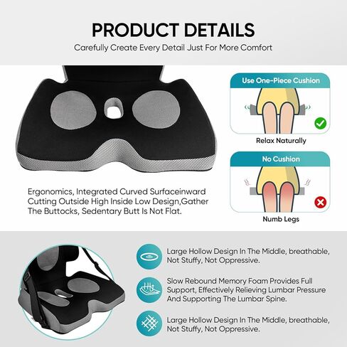 وسادة مقعد من إسفنج الذاكرة ووسادة دعم قطنية، وسادة مريحة من قطعة واحدة لتصحيح الوضع الجيد وعظم الذنب، آلام أسفل الظهر، تخفيف عرق النسا لكرسي المكتب ومقعد السيارة والسفر على كرسي متحرك in Kuwait
