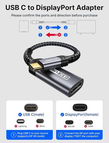 محول JSAUX USB C إلى DisplayPort 4K@60 هرتز، محول كابل من النوع C إلى منفذ العرض متوافق مع iPhone 15 Pro Max، MacBook Pro 2019 2018، Surface Book، Dell XPS، Samsung Galaxy S24 S23 Note 20-رمادي in Kuwait