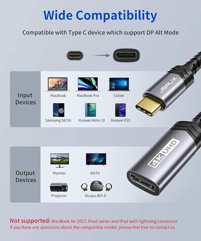 محول JSAUX USB C إلى DisplayPort 4K@60 هرتز، محول كابل من النوع C إلى منفذ العرض متوافق مع iPhone 15 Pro Max، MacBook Pro 2019 2018، Surface Book، Dell XPS، Samsung Galaxy S24 S23 Note 20-رمادي in Kuwait
