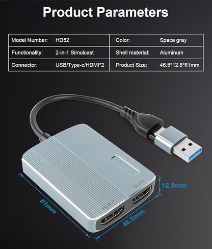 محول Weton USB 3.0 أو USB C إلى HDMI للشاشات المزدوجة، رسومات فيديو عالمية مزدوجة 1080p@60 هرتز USB إلى موسع مقسم Hdmi متوافق مع نظام التشغيل Mac OS وWindows in Kuwait