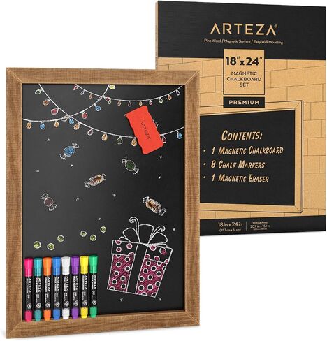 Arteza Magnetic Chalkboard Sign, 18x24 Inches, Includes 8 Chalk Markers and Magnetic Eraser, Easy-to-Mount Decorative Blackboard, Art Supplies for Cafes, Stores, Kitchen, Weddings and Special Events in Saudi Arabia