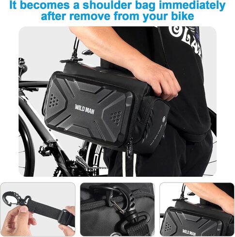 حقيبة مقود الدراجة WILD MAN - حقيبة تخزين أمامية لسلة الدراجة وحقيبة يد كتف بشاشة تعمل باللمس مع حزام كتف قابل للفصل (أسود) in Kuwait