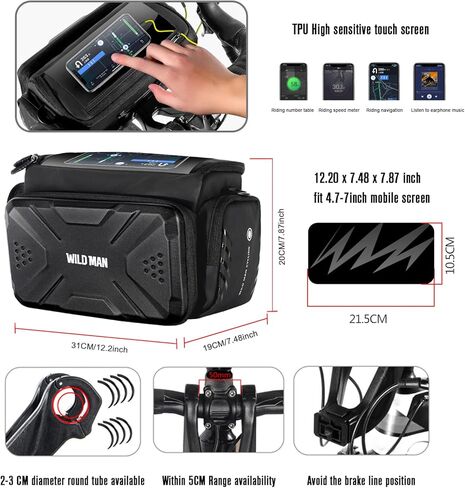 حقيبة مقود الدراجة WILD MAN - حقيبة تخزين أمامية لسلة الدراجة وحقيبة يد كتف بشاشة تعمل باللمس مع حزام كتف قابل للفصل (أسود) in Kuwait