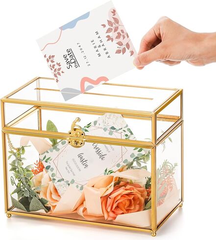 Okllen Glass Wedding Card Box with Lock and Slot, Gold Rim Envelop Box Gift Holder, Vintage Clear Card Box for Wedding Reception, Baby Shower, Birthday, Graduation (Glass Box and Lock Only) in Kuwait