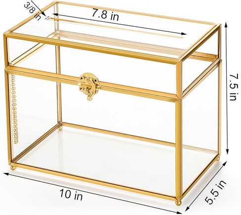 Okllen Glass Wedding Card Box with Lock and Slot, Gold Rim Envelop Box Gift Holder, Vintage Clear Card Box for Wedding Reception, Baby Shower, Birthday, Graduation (Glass Box and Lock Only) in Kuwait
