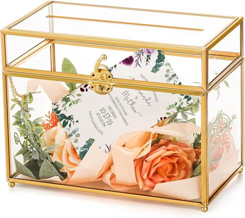 Okllen Glass Wedding Card Box with Lock and Slot, Gold Rim Envelop Box Gift Holder, Vintage Clear Card Box for Wedding Reception, Baby Shower, Birthday, Graduation (Glass Box and Lock Only) in Kuwait