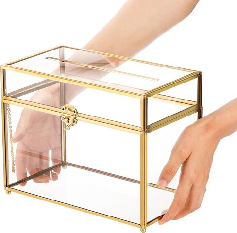 Okllen Glass Wedding Card Box with Lock and Slot, Gold Rim Envelop Box Gift Holder, Vintage Clear Card Box for Wedding Reception, Baby Shower, Birthday, Graduation (Glass Box and Lock Only) in Kuwait