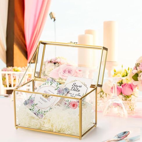 Okllen Glass Wedding Card Box with Lock and Slot, Gold Rim Envelop Box Gift Holder, Vintage Clear Card Box for Wedding Reception, Baby Shower, Birthday, Graduation (Glass Box and Lock Only) in Kuwait