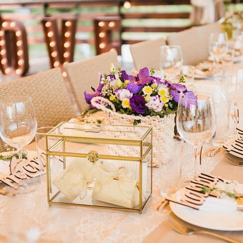 Okllen Glass Wedding Card Box with Lock and Slot, Gold Rim Envelop Box Gift Holder, Vintage Clear Card Box for Wedding Reception, Baby Shower, Birthday, Graduation (Glass Box and Lock Only) in Kuwait