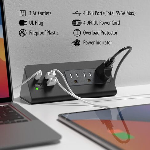 منضدة حافة جبل قطاع الطاقة مع منافذ USB-C سطح الطاولة حامي عرام مكتب المشبك مآخذ الطاقة مع 3 منافذ تيار متردد و4 منافذ USB شحن سريع للمنزل والمكتب والفندق والمهاجع (أسود (2-حزمة)) in Kuwait
