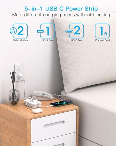 Travel Essentials, Cruise Ship Power Strip with USB Ports, 2 Outlets 3 USB (2 USB C) Wrapped Short Extension Cord 12 inches Desktop Charging Station Power Strip for Travel Hotel Cruise Must Haves in Kuwait