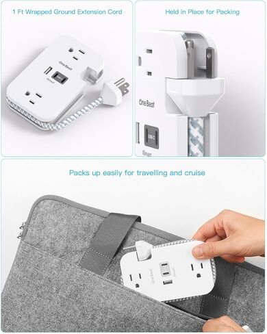 Travel Essentials, Cruise Ship Power Strip with USB Ports, 2 Outlets 3 USB (2 USB C) Wrapped Short Extension Cord 12 inches Desktop Charging Station Power Strip for Travel Hotel Cruise Must Haves in Kuwait