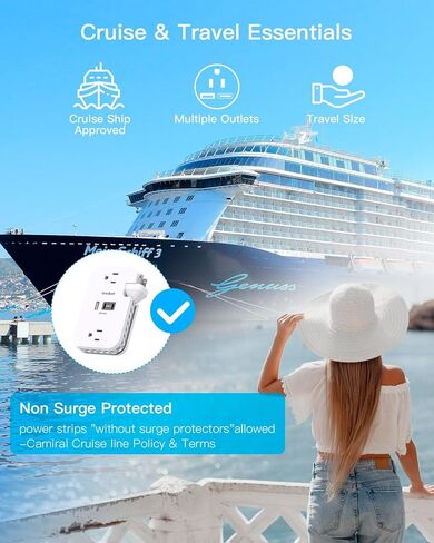 Travel Essentials, Cruise Ship Power Strip with USB Ports, 2 Outlets 3 USB (2 USB C) Wrapped Short Extension Cord 12 inches Desktop Charging Station Power Strip for Travel Hotel Cruise Must Haves in Kuwait