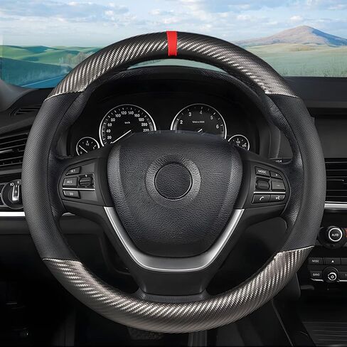 Car Steering Wheel Cover, 15 inch Anti-Slip Steering Wheel Protector, Carbon Fiber & Microfiber PU Leather Steering Wheel Cover for Women and Men, Universal Fit for Most Vehicles (Black) in Kuwait