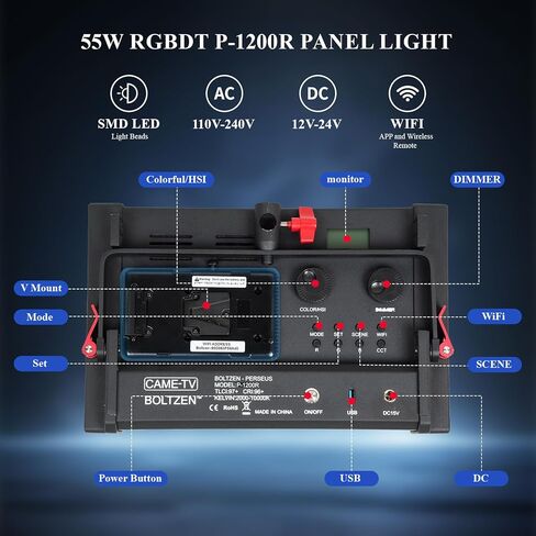Came-TV LED Video Light Panel Lighting RGBWW المحمولة Boltzen Perseus 1200R 55W SMD أضواء سفر ناعمة 2000-10000K، 36 وضع مشهد كامل اللون TLCI97+ CRI96+، التحكم في التطبيق للتصوير الفوتوغرافي في الاستوديو in Kuwait