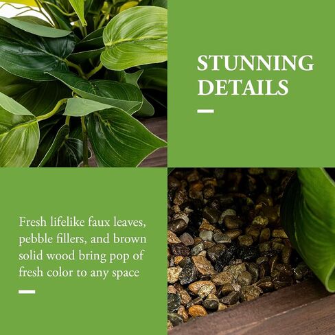 MyGift Vibrant Lifelike Artificial Plant Pothos Leafy Vine Greenery in Burnt Brown Solid Wood Rectangular Planter Box in Saudi Arabia