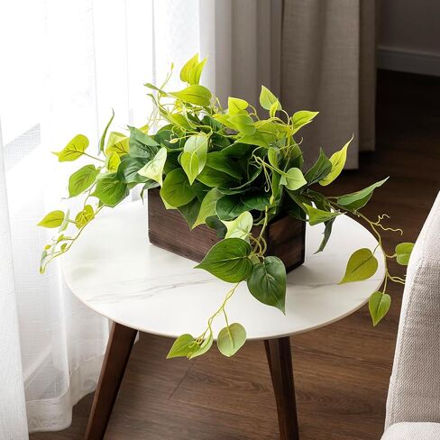 MyGift Vibrant Lifelike Artificial Plant Pothos Leafy Vine Greenery in Burnt Brown Solid Wood Rectangular Planter Box in Saudi Arabia