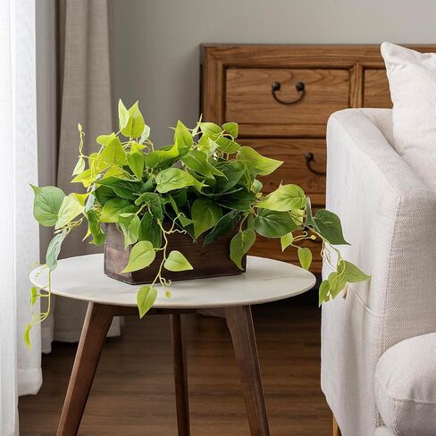 MyGift Vibrant Lifelike Artificial Plant Pothos Leafy Vine Greenery in Burnt Brown Solid Wood Rectangular Planter Box in Saudi Arabia