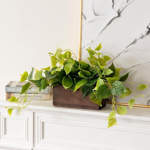 MyGift Vibrant Lifelike Artificial Plant Pothos Leafy Vine Greenery in Burnt Brown Solid Wood Rectangular Planter Box in Saudi Arabia