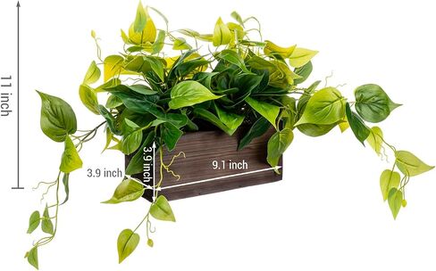 MyGift Vibrant Lifelike Artificial Plant Pothos Leafy Vine Greenery in Burnt Brown Solid Wood Rectangular Planter Box in Saudi Arabia