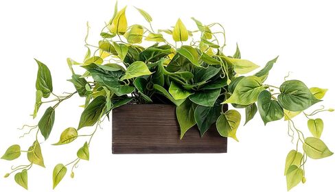 MyGift Vibrant Lifelike Artificial Plant Pothos Leafy Vine Greenery in Burnt Brown Solid Wood Rectangular Planter Box in Saudi Arabia