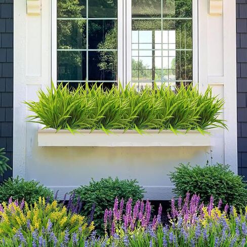 Outdoor Artificial Plants 8Pcs Fake Plants Grass UV Resistant Fake Flowers Bush Greenery,17Inch Tall Faux Grass Shrubs for Home Porch Pathway Garden Décor Outside Indoor (Deep Purple) in Saudi Arabia