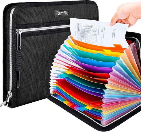 Tamfile Fireproof Waterproof Safe Expanding File Folder Accordion Document Organizer with 24 Pockets Portable Money File Bag Filing Holder and Color Lables/3Zippers A4 Letter Size (Black,14.3"9.8") in Saudi Arabia