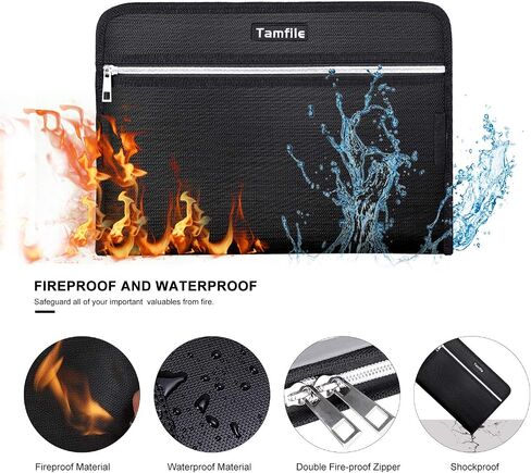 Tamfile Fireproof Waterproof Safe Expanding File Folder Accordion Document Organizer with 24 Pockets Portable Money File Bag Filing Holder and Color Lables/3Zippers A4 Letter Size (Black,14.3"9.8") in Saudi Arabia