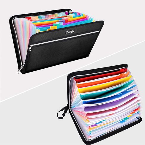 Tamfile Fireproof Waterproof Safe Expanding File Folder Accordion Document Organizer with 24 Pockets Portable Money File Bag Filing Holder and Color Lables/3Zippers A4 Letter Size (Black,14.3"9.8") in Saudi Arabia