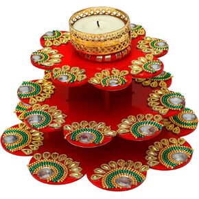 Colorful Floor Rangoli with Tea Light Candle Holder Stand Decorative T Light for Floor Christmas Decoration Lighting Accessories near year Home Decor(Size:-5"X4")(without Wax)(Red,Yellow,Green)