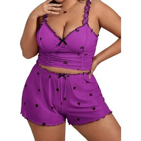 WDIRARA Women's Plus Size Sleepwear Heart Print Ruched Lettuce Trim Cami Top and Shorts Pajama Set