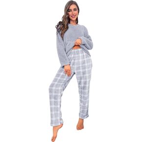 Women Fluffy Pajamas- 2 Pcs Fleece Set - Fuzzy Pullover & Plaid Pants - Cozy Lounge Wear Plush Sleepwear Warm PJs
