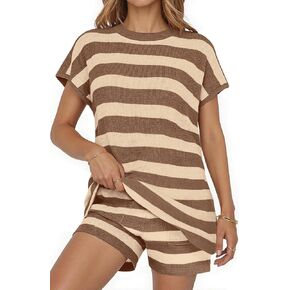UEU Womens 2 Piece Outfits Lounge Sets Summer Striped Short Sleeve Top Shorts Matching Knit Oversized Pajama Sweater Set