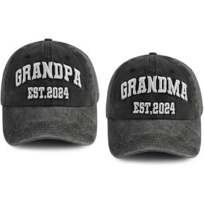 2PCS Grandpa and Grandma Est 2024 2025 Hat for Men Women, Funny Adjustable Embroidered Cotton New Grandparents Baseball Cap